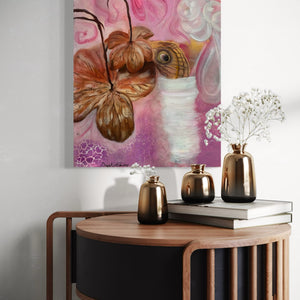 A canvas painting titled 'Autumn Leaf', depicting abstract forms with autumn leaves in soft pink and earthy tones on a round table, with decorative items in the foreground.
