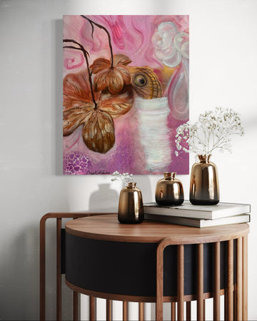 A canvas painting titled 'Autumn Leaf', depicting abstract forms with autumn leaves in soft pink and earthy tones on a round table, with decorative items in the foreground.
