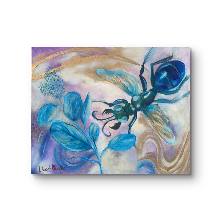A canvas painting featuring a luminous, winged creature with blue and gold tones against a cosmic atmosphere with swirls of purple and yellow.