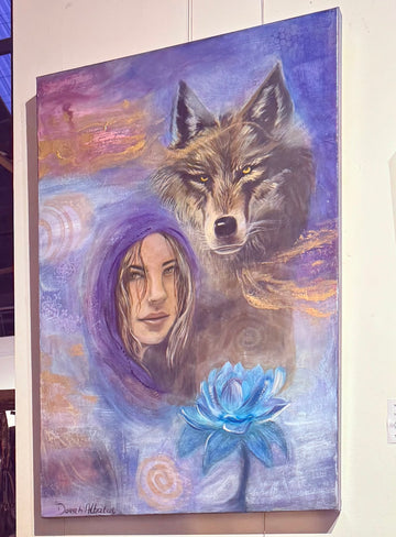 Painting of a woman's face and a wolf with a blue lotus flower in a mystical setting.