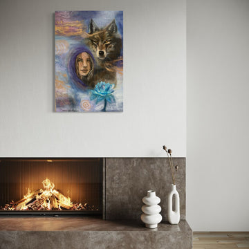 Painting of a wolf and a woman with a blue flower above a fireplace.