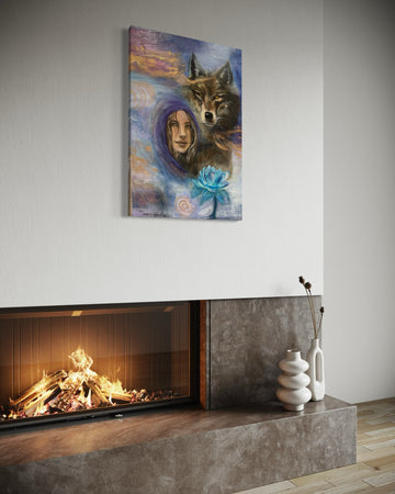 Painting of a woman and a wolf above a fireplace in a modern living room.